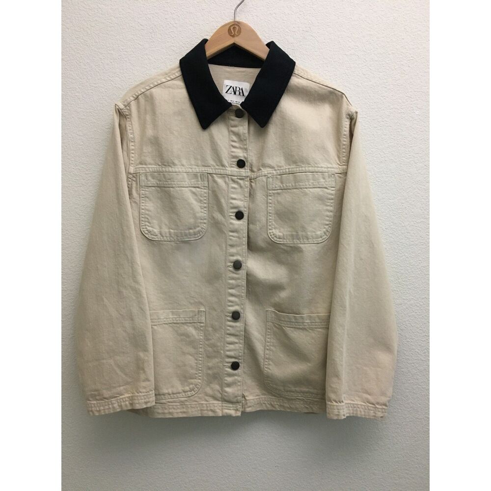 ZARA Contrast Collar Chore Utility Jacket S Beige Black 4 Pocket Cotton